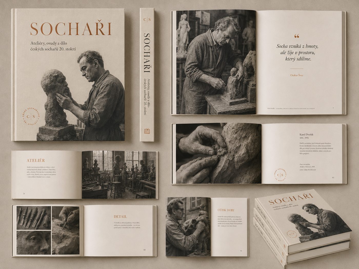 SOCHARI concept mockup - coffee-table book on studios, fates and work of Czech sculptors