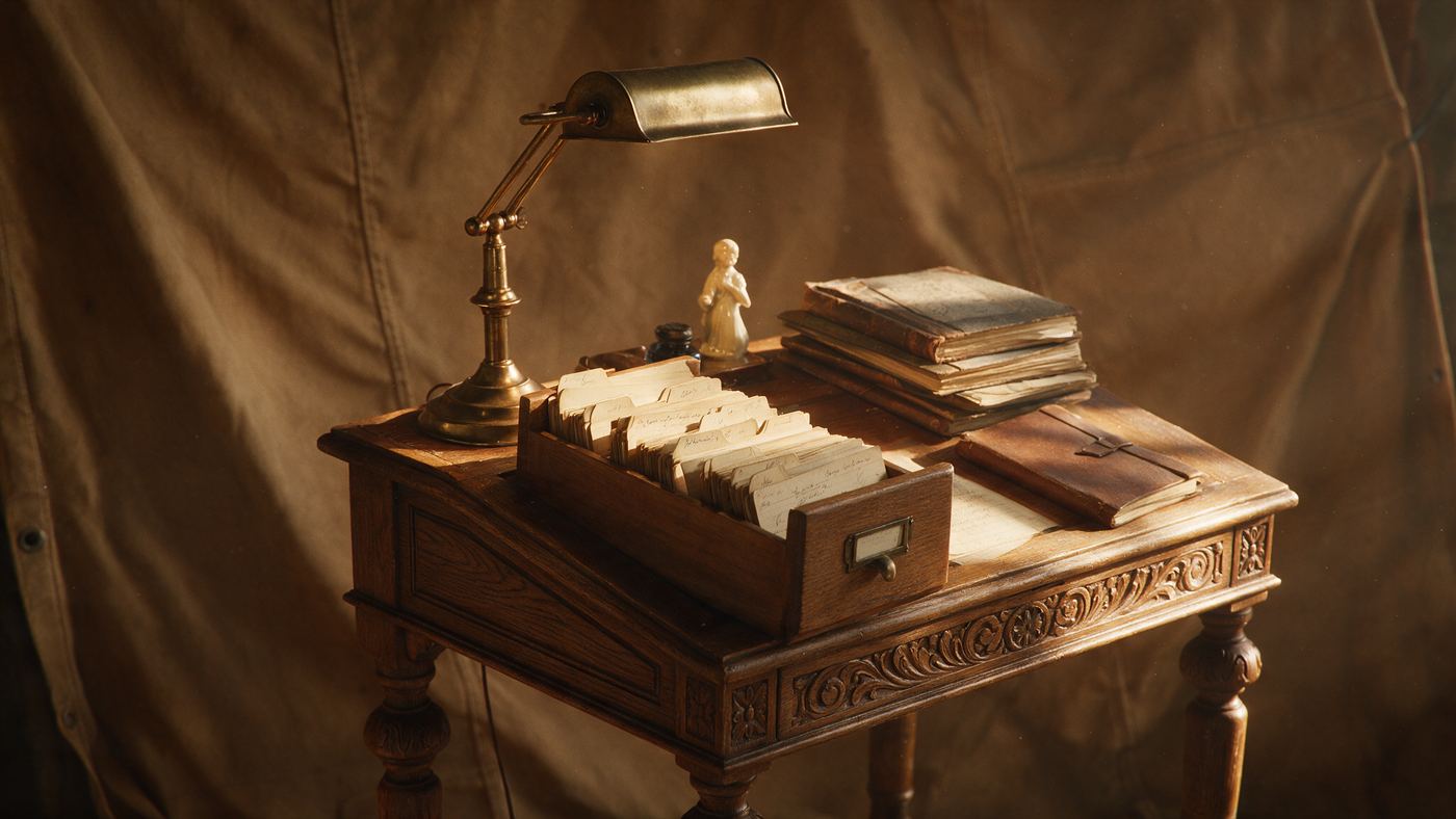 A carved oak desk with an open card-catalogue drawer of handwritten index cards, ledgers, and a small porcelain figurine, on a warm brown canvas.