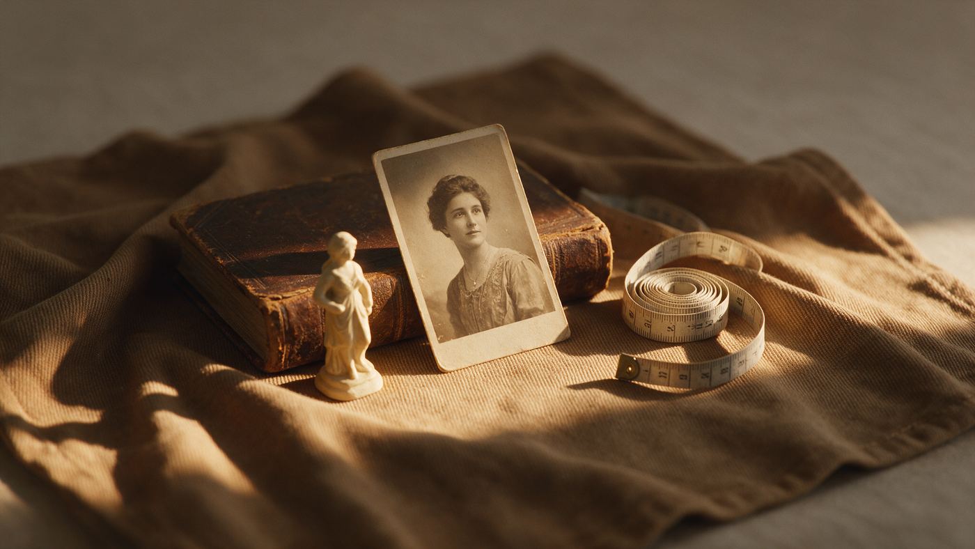 An antique sepia photograph of a woman propped against a leather-bound book, beside a small plaster figurine and a coiled measuring tape, on a warm brown canvas.