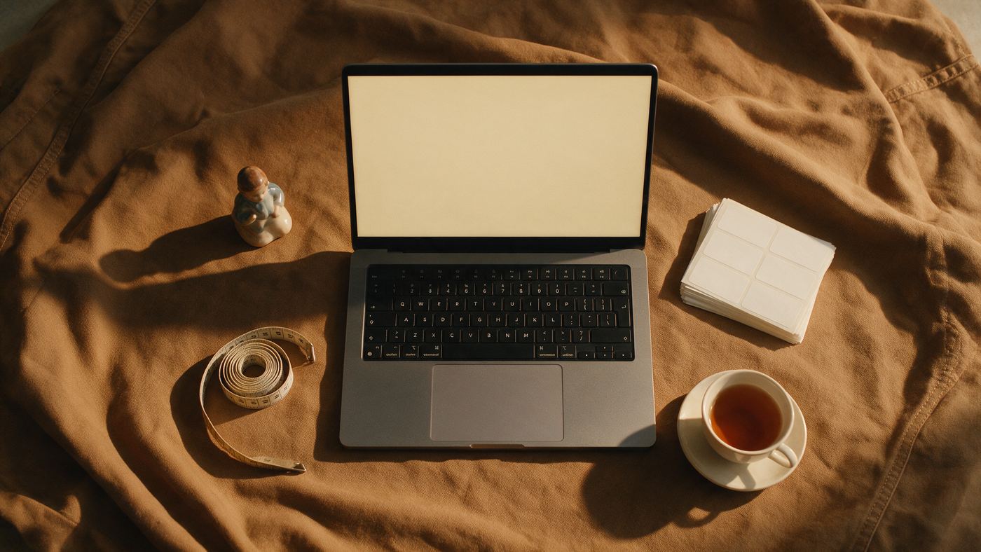 A laptop with a blank warm screen beside a small ceramic figurine, a measuring tape, blank shipping labels and a cup of tea, on a warm brown canvas.