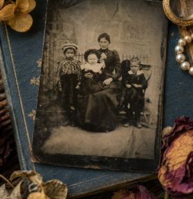 Unidentified mother and three children, tintype