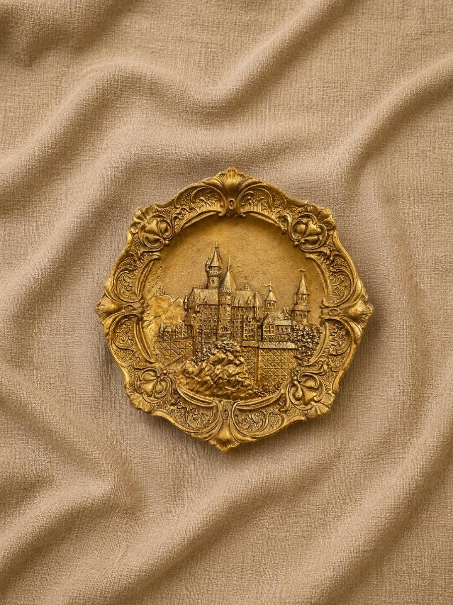 Neuschwanstein Relief Plate, Gilt Metal