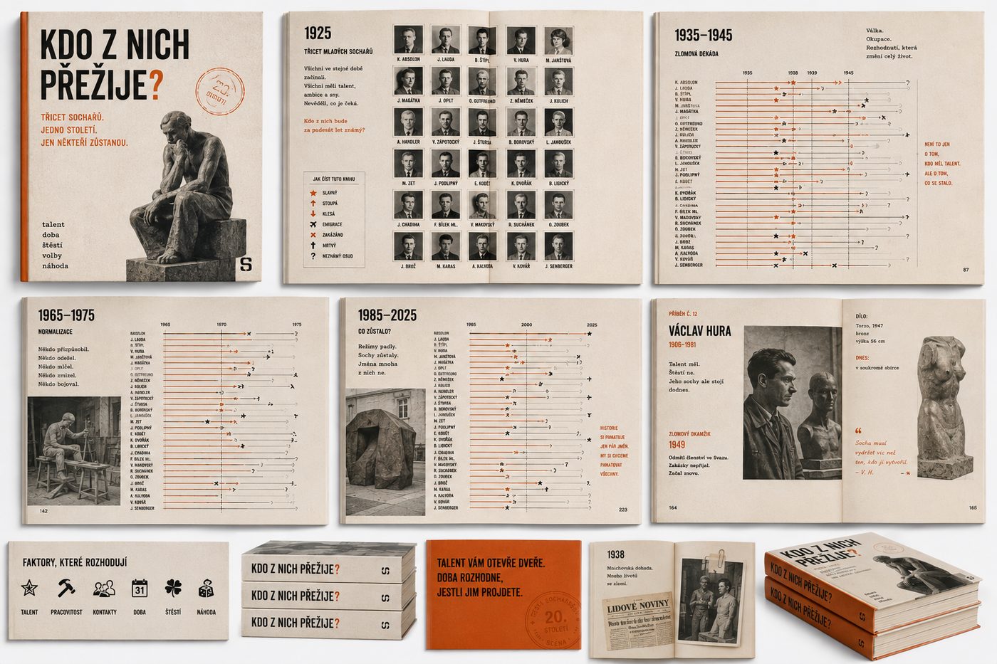 Kdo z nich prezije? concept mockup - popular narrative book following thirty young sculptors across a century